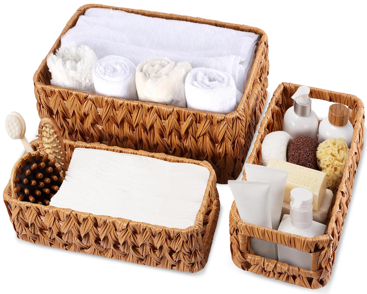 XLHOMO Bathroom Wicker Baskets Large for Shelves, Organizing, Waterproof Woven Storage with Handle for Toilet Shelf Baskets, Laundry Room, 3-Pack (Caramel, Large)