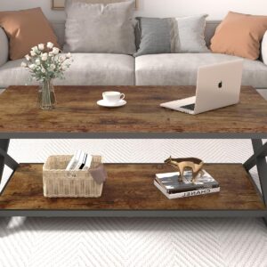 HSH Wood Coffee Table with Storage, Farmhouse Rustic Brown Coffee Table for Living Room, Modern Minimalist 2 Tier Center Table, Simple Rectangle Cocktail Tea Table in Home Office Bedroom, 39 Inch