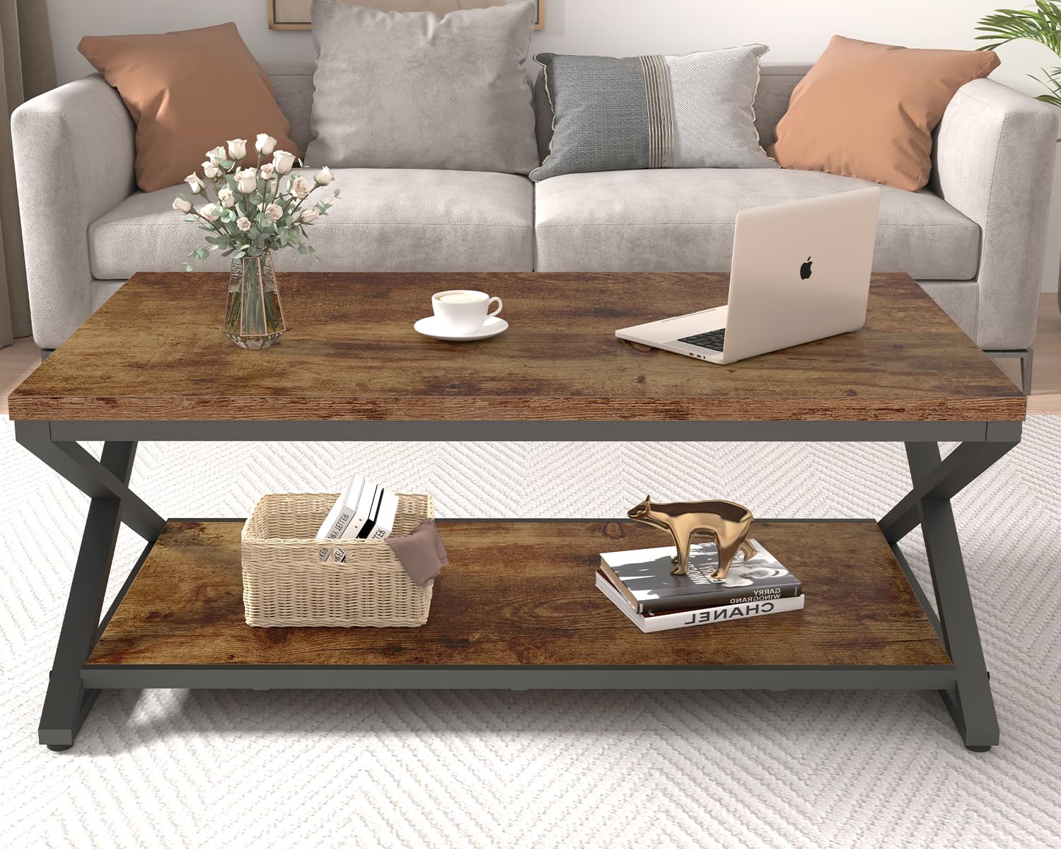 HSH Wood Coffee Table with Storage, Farmhouse Rustic Brown Coffee Table for Living Room, Modern Minimalist 2 Tier Center Table, Simple Rectangle Cocktail Tea Table in Home Office Bedroom, 39 Inch