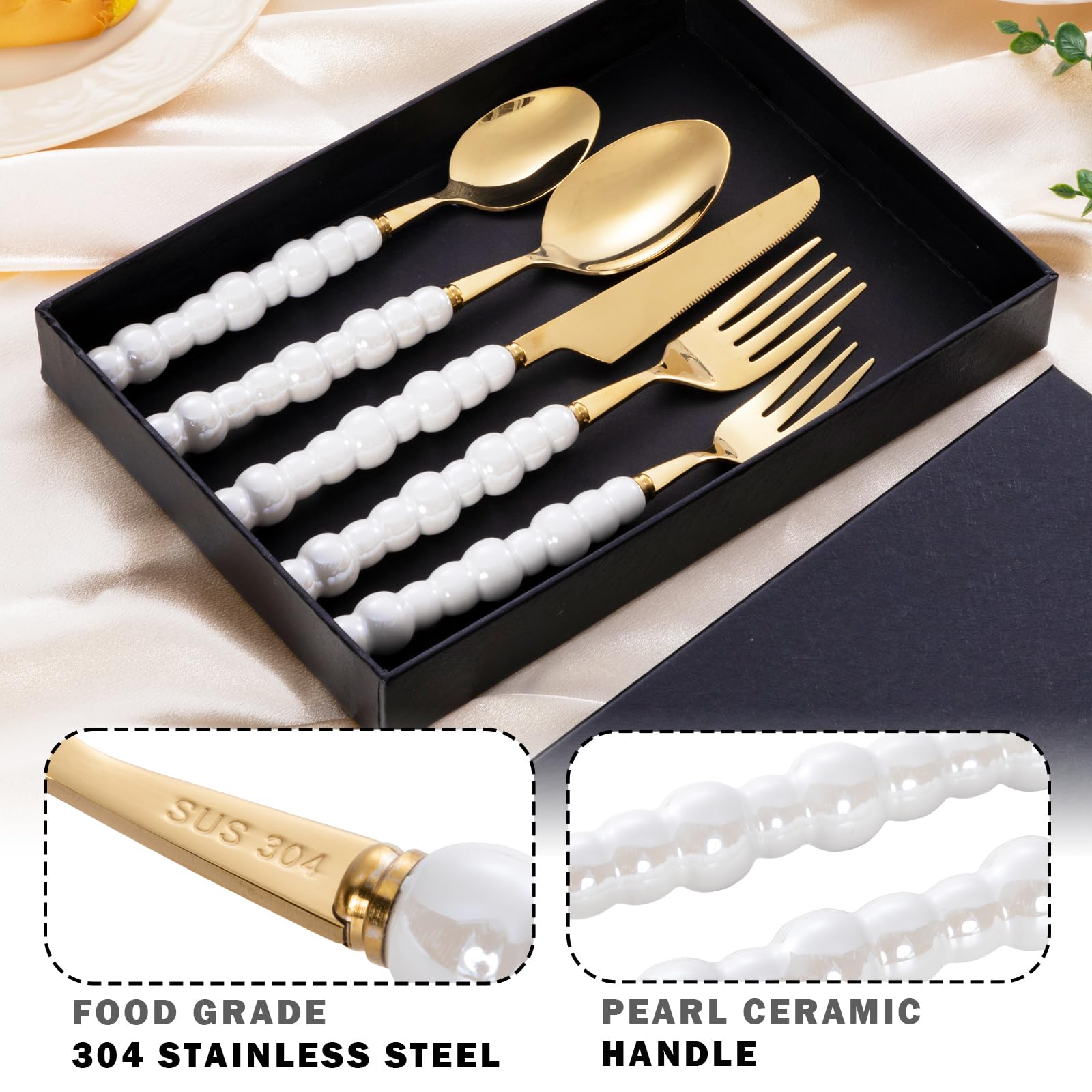 ROSOS Pearl Silverware Set Cutlery for 5 PCS, Premium Pearl Ceramic Handles Knife Forks and Spoons Silverware Set for Daily Use and Party, Gold Flatware Set, Silverware Tableware Set, White