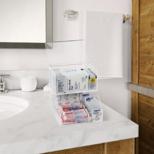 IneVibe First Aid Storage Holder - 2 Compartment Acrylic Container w/Lids for Storing Packets of Alcohol Wipes, Bandages, Ointment, Burn Cream, Gauze Pads for Bathroom, Kitchen & Retail Dispensing