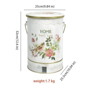 Z&Z ornamentorum Retro Kitchen Trash Can with Lid and Pedal Round Touchless Garbage Cans with Flower and Bird Patterns Outdoor Trash Can for Kitchen Park Garden，Pink