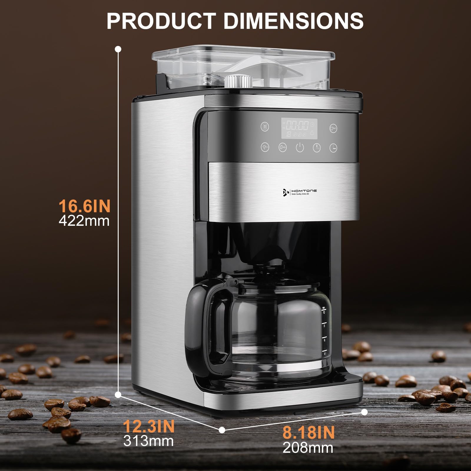 Homtone 10-Cup Coffee Maker with Burr Grinder Built-in,Programmable Grind & Brew, Smart LED Touchscreen Auto Drip Machine, 950W, Black/Stainless Steel, Customizable Strength & Grind Size