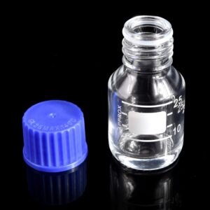 Kestun 10 Packs Reagent Media Storage Bottles, 25ml Borosilicate Glass Graduated Round Bottles with GL25 Blue Screw Cap for Lab Water Reagent Liquids (Clear, 25ML)