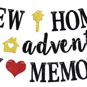 New Home New Adventure New Memories Banner, New Home New Chapter/Sweet Home/Our First Home Housewarming Party Backdrop, Pre-strung New Couple/Housewarming/Family Reunion Party Bunting Sign, Black Glitter