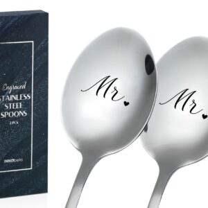 INNObeta Engagement Gifts for Gay Couples, 2 Pcs Engraved Ice Cream Spoons, Stainless Steel Coffee Spoon, Ideal for Wedding, Anniversary, Mr & Mr