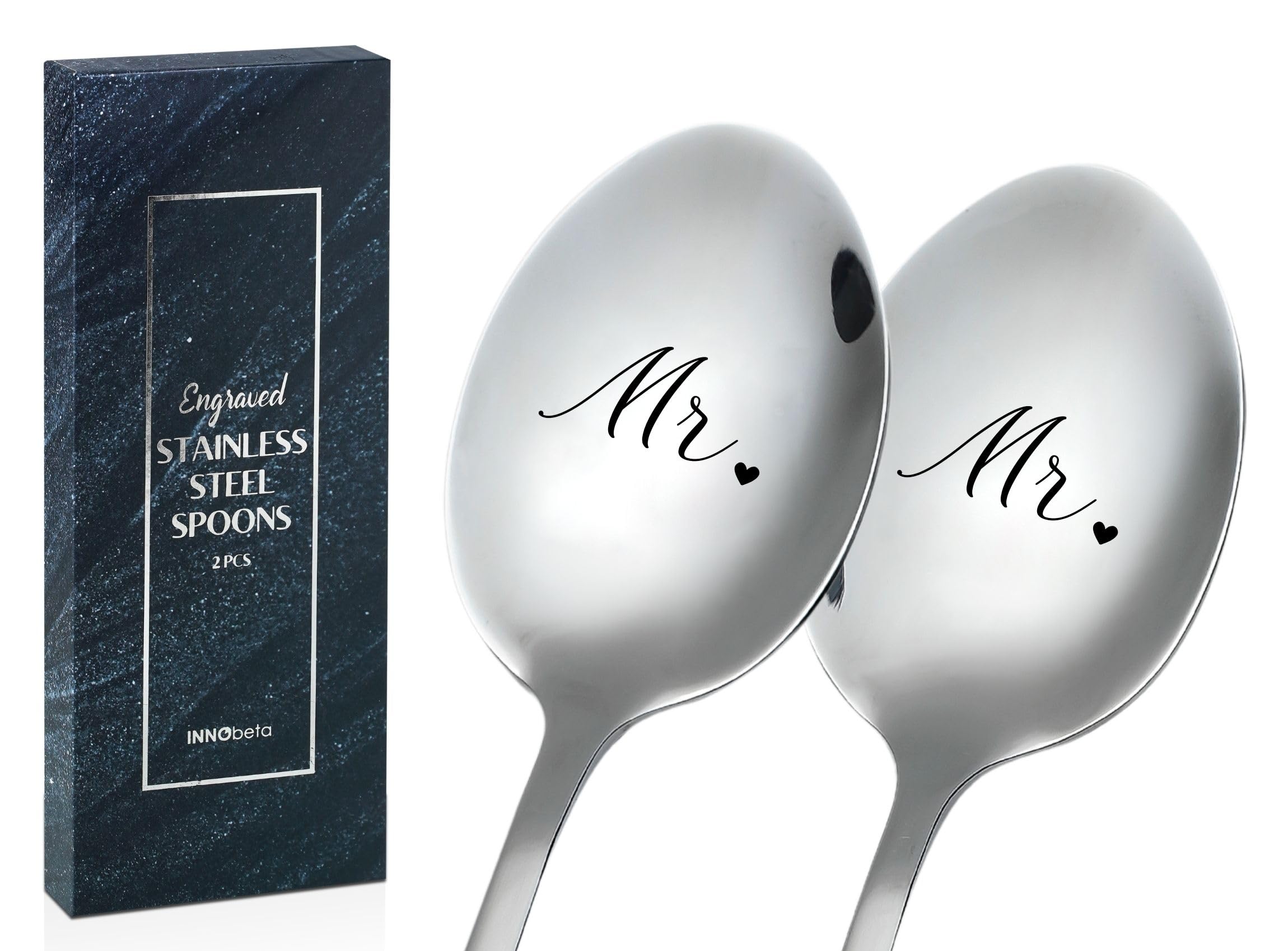 INNObeta Engagement Gifts for Gay Couples, 2 Pcs Engraved Ice Cream Spoons, Stainless Steel Coffee Spoon, Ideal for Wedding, Anniversary, Mr & Mr