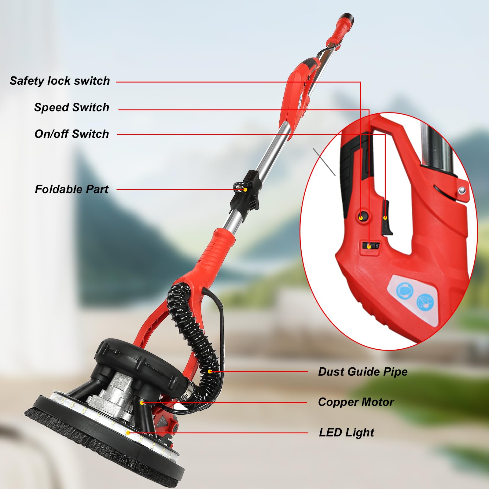 Drywall Sander, 850W Electric Drywall Sander with Vacuum Dust Collection, 7.2A Floor and Popcorn Ceiling Removal Tool, 6 Variable Speed 900-1800RPM, 16 Sanding Discs,Pure-Copper Motor, IP20 Waterproof