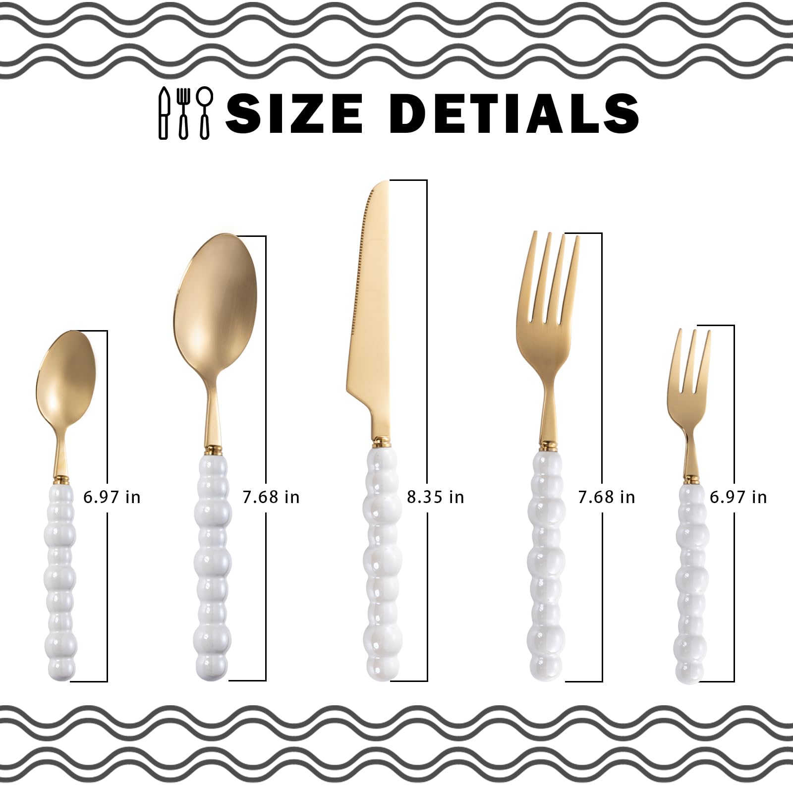 ROSOS Pearl Silverware Set Cutlery for 5 PCS, Premium Pearl Ceramic Handles Knife Forks and Spoons Silverware Set for Daily Use and Party, Gold Flatware Set, Silverware Tableware Set, White