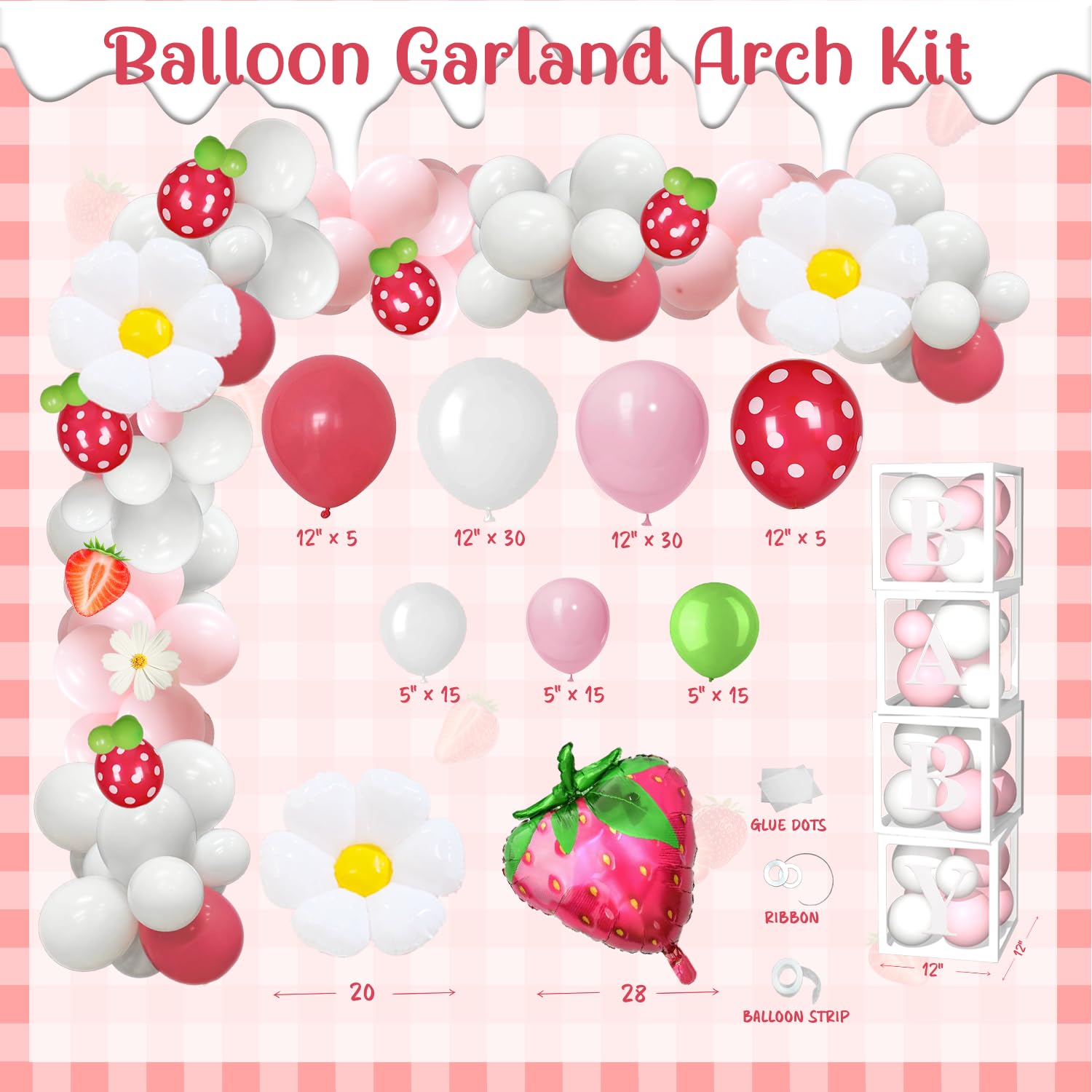 147pcs Strawberry Baby Shower Decorations Kit, A Berry Sweet Baby is on the Way Decorations Supplies, Strawberry Backdrop Tablecloth Balloon Cake Cupcake Topper Box Sash Banner for Baby Shower Girl