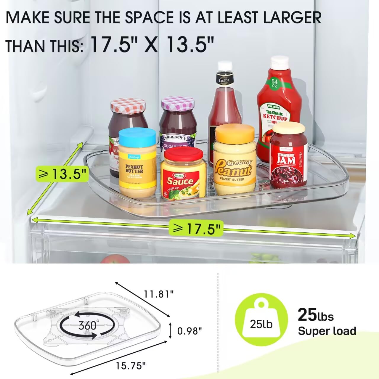 SPACELEAD Lazy Susan Turntable Organizer for Refrigerator, 15.7''x11.8'' Fridge Turntable Organizers and Storage use for Pantry Kitchen, Bathroom, Table. Clear, Rectangle,1Pack