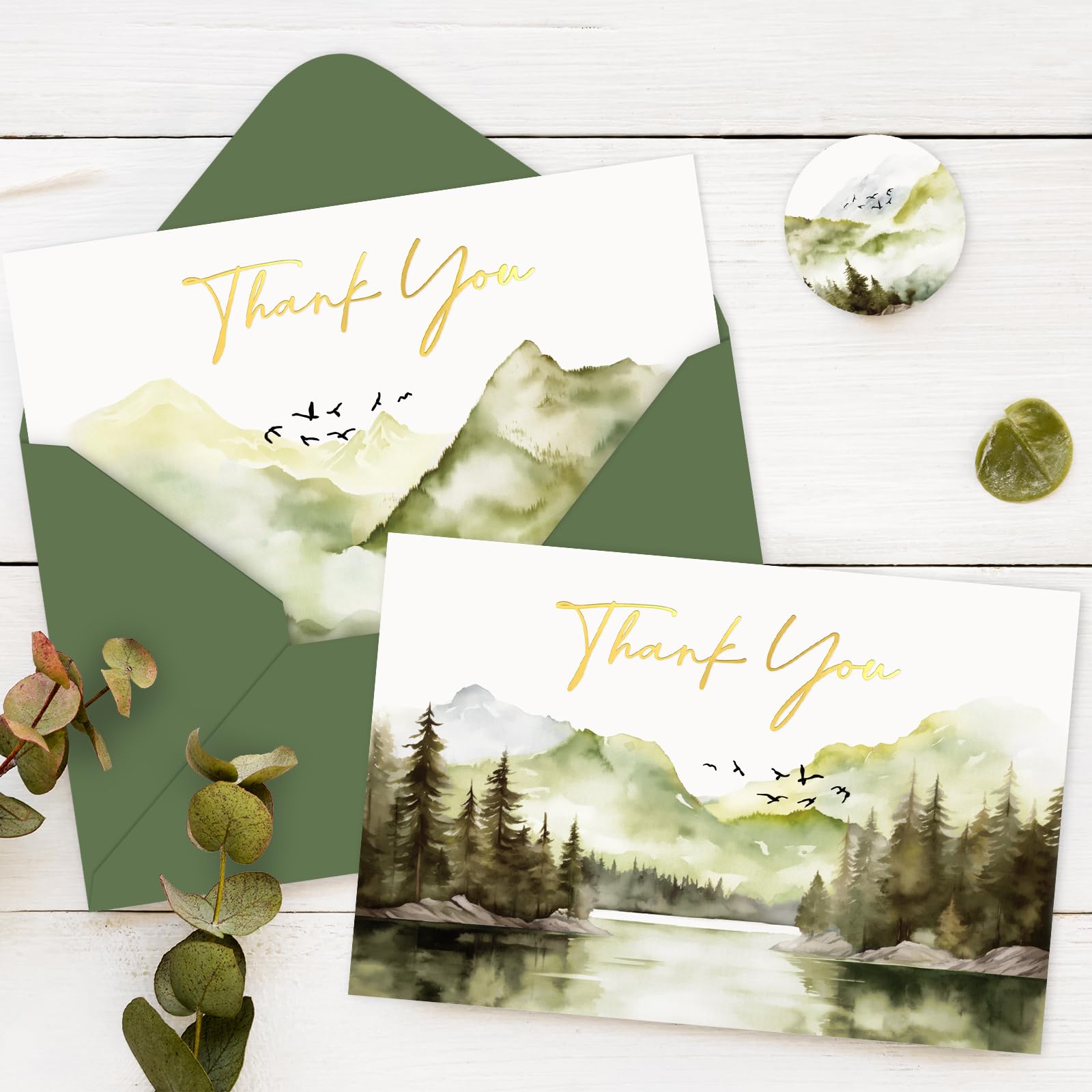 Whaline 48 Pack Watercolor Forest Thank You Card with Envelope Sticker Gold Foil Green Mountains Lake Bird Greeting Cards Blank Note Cards for Baby Shower Birthday Wedding, 4 x 6 Inch