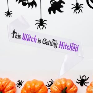 This Witches is Getting Hitched Sash - White Sash Black Purple Foil Lettering - Halloween Theme Bachelorette Bachelor Engagement Wedding Bridal Shower Party Sash - Hen Marriage Event Party Supplies