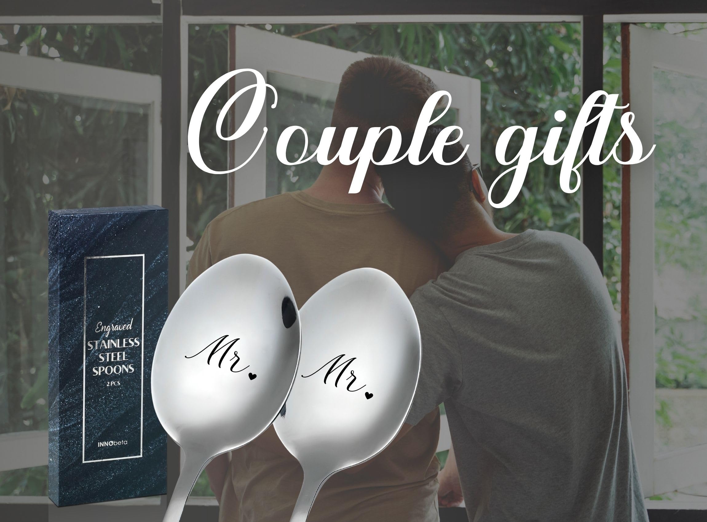 INNObeta Engagement Gifts for Gay Couples, 2 Pcs Engraved Ice Cream Spoons, Stainless Steel Coffee Spoon, Ideal for Wedding, Anniversary, Mr & Mr