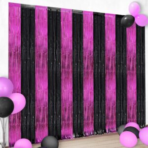 katchon, pink and black foil fringe curtain - xtralarge 3.2x6.5 feet, pack of 2 | halloween streamers, pink halloween decorations | halloween backdrop curtain, pink and black birthday decorations