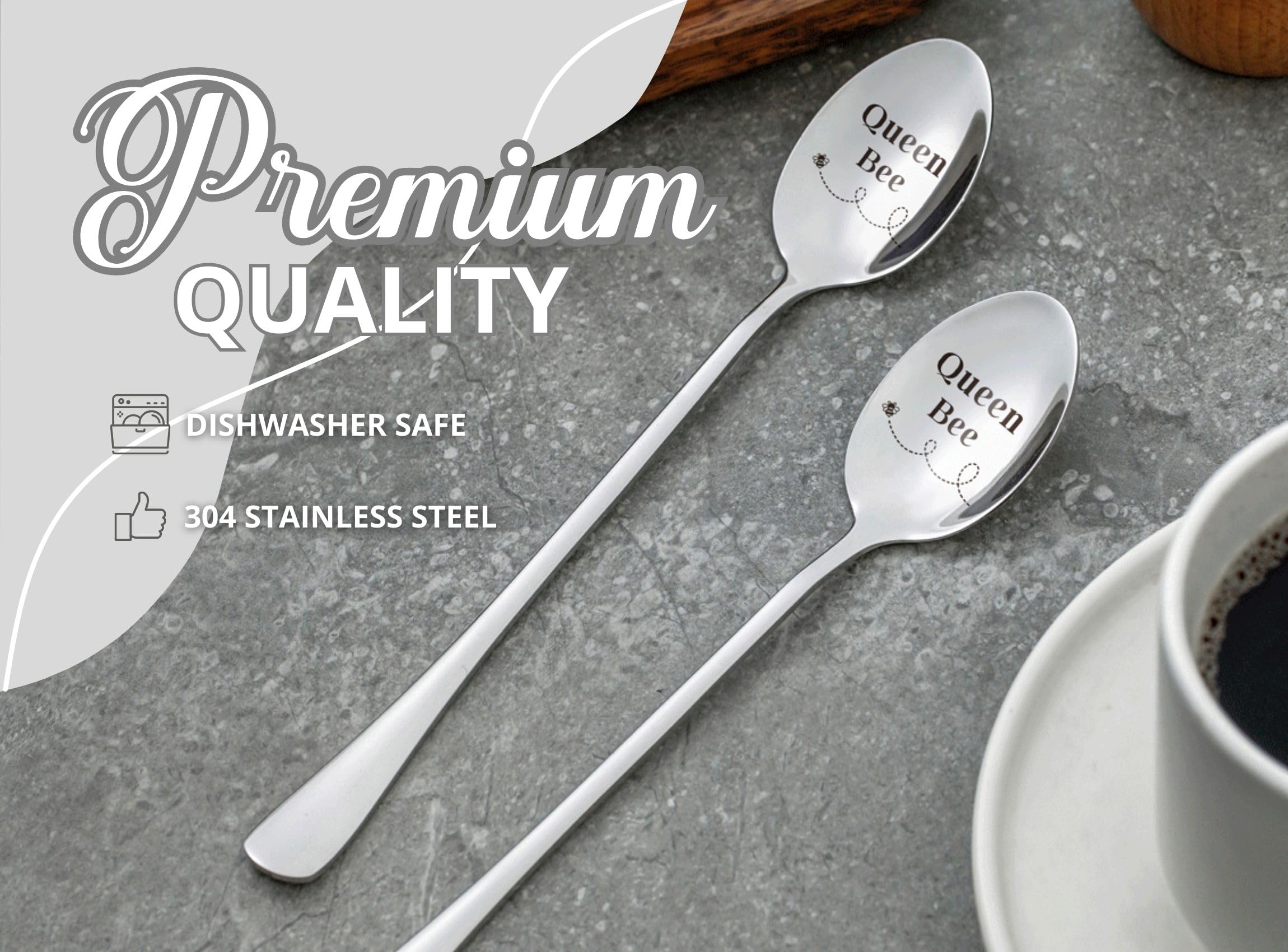 INNObeta Bee Gifts for Women, Engraved Ice Cream Spoons, 2 Pcs Stainless Steel Coffee Spoon, Queen Bee