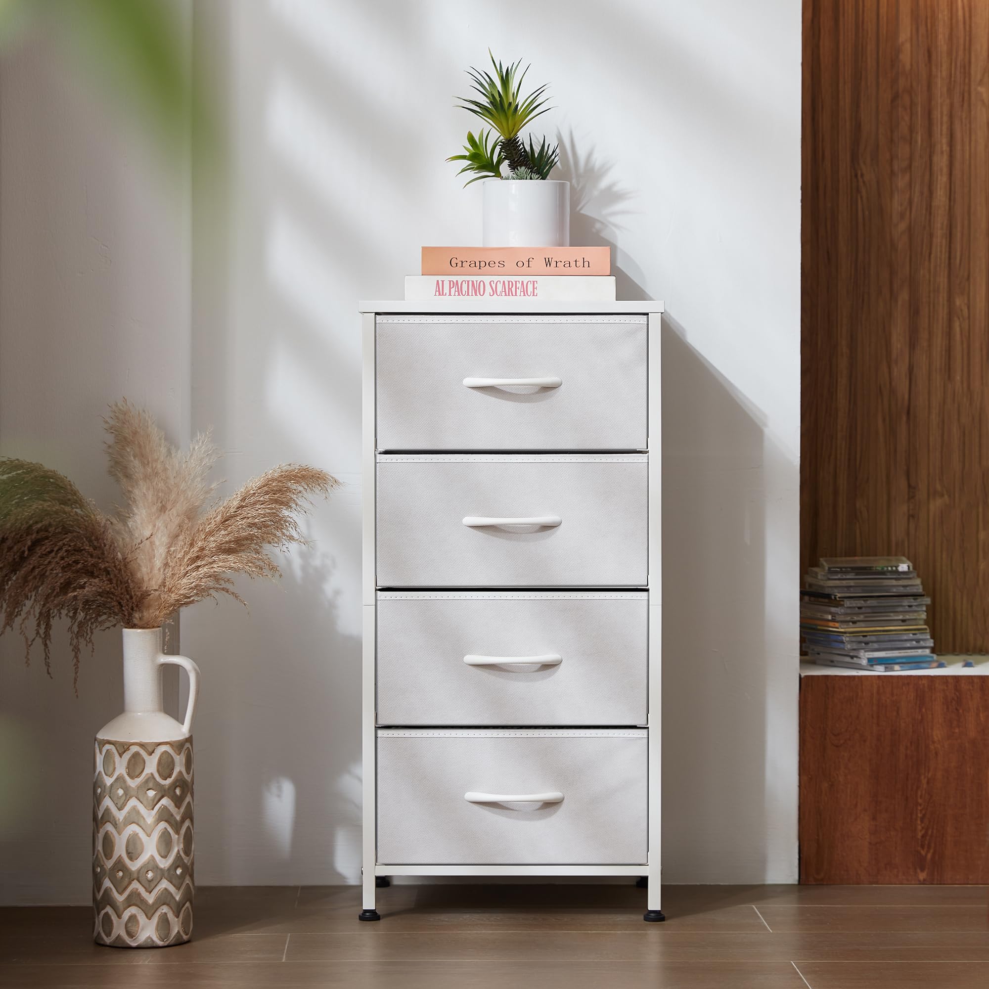 CHIC HOUSE 4-Drawer Dresser, Textile Storage Column, Bedroom, Hallway, Entryway, and Closet Organizing Unit, Durable Metal Structure, Wooden Surface, Simple Grip Handles, Dark Charcoal (White)