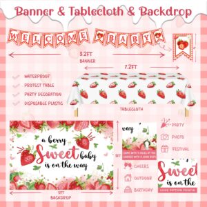 147pcs Strawberry Baby Shower Decorations Kit, A Berry Sweet Baby is on the Way Decorations Supplies, Strawberry Backdrop Tablecloth Balloon Cake Cupcake Topper Box Sash Banner for Baby Shower Girl