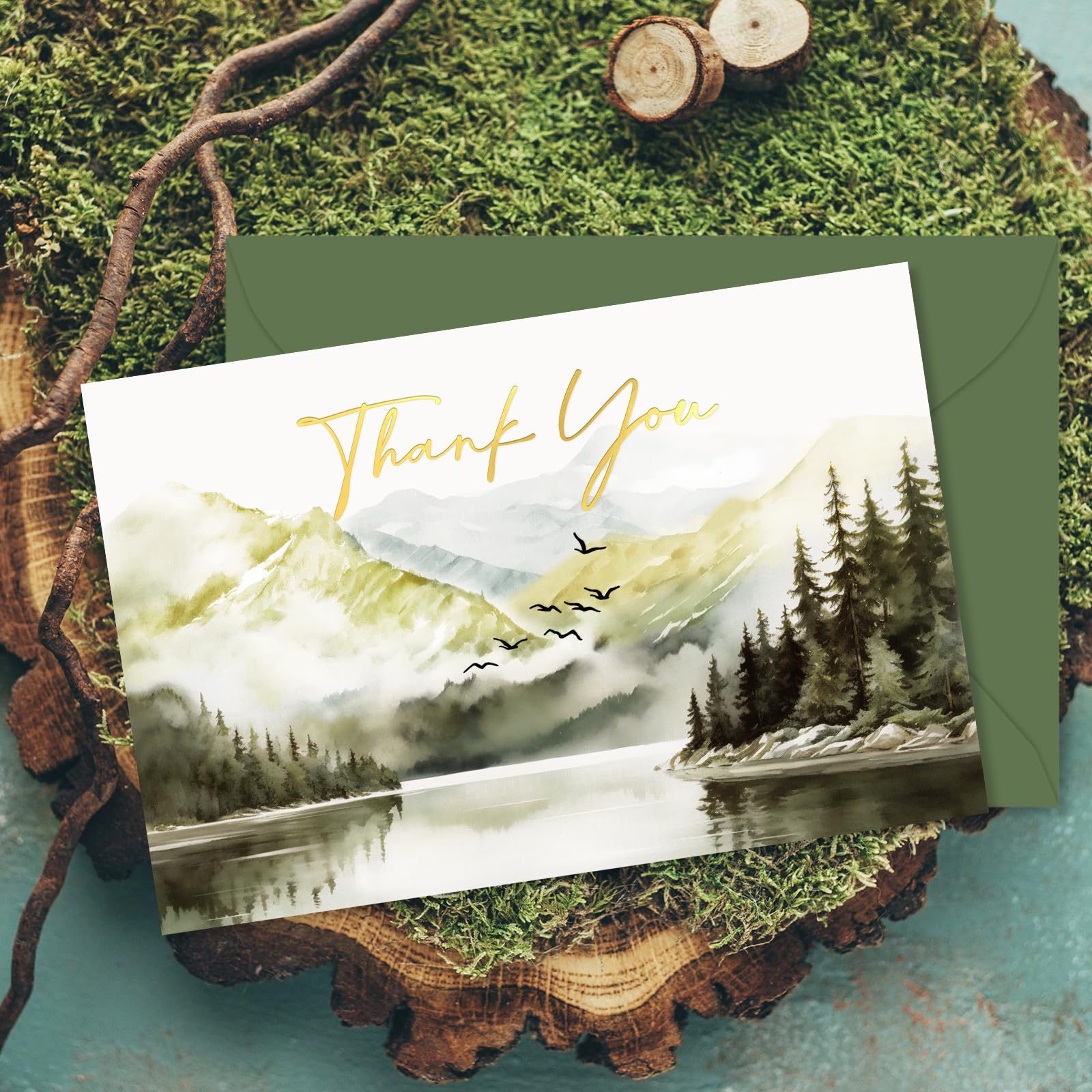 Whaline 48 Pack Watercolor Forest Thank You Card with Envelope Sticker Gold Foil Green Mountains Lake Bird Greeting Cards Blank Note Cards for Baby Shower Birthday Wedding, 4 x 6 Inch