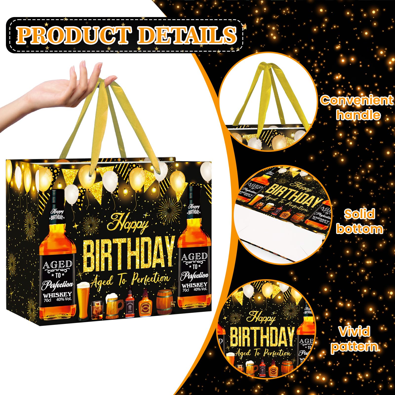 Whiskey Birthday Gift Bag for Men Whiskey Birthday Wrapping Paper Bag with Card Tissue Paper Whiskey Present Bag Beer Themed 30th 40th 50th 60th 70th 80th Birthday Gifts for Him Party Decorations