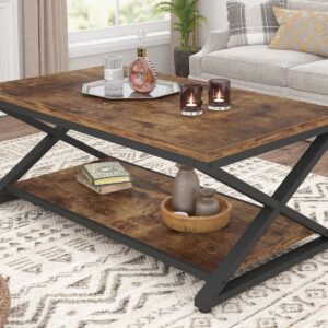 HSH Wood Coffee Table with Storage, Farmhouse Rustic Brown Coffee Table for Living Room, Modern Minimalist 2 Tier Center Table, Simple Rectangle Cocktail Tea Table in Home Office Bedroom, 39 Inch