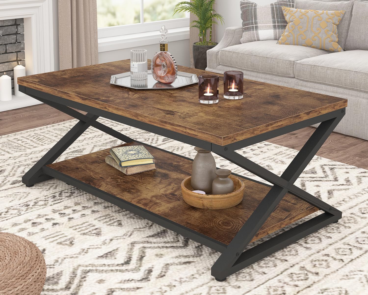 HSH Wood Coffee Table with Storage, Farmhouse Rustic Brown Coffee Table for Living Room, Modern Minimalist 2 Tier Center Table, Simple Rectangle Cocktail Tea Table in Home Office Bedroom, 39 Inch