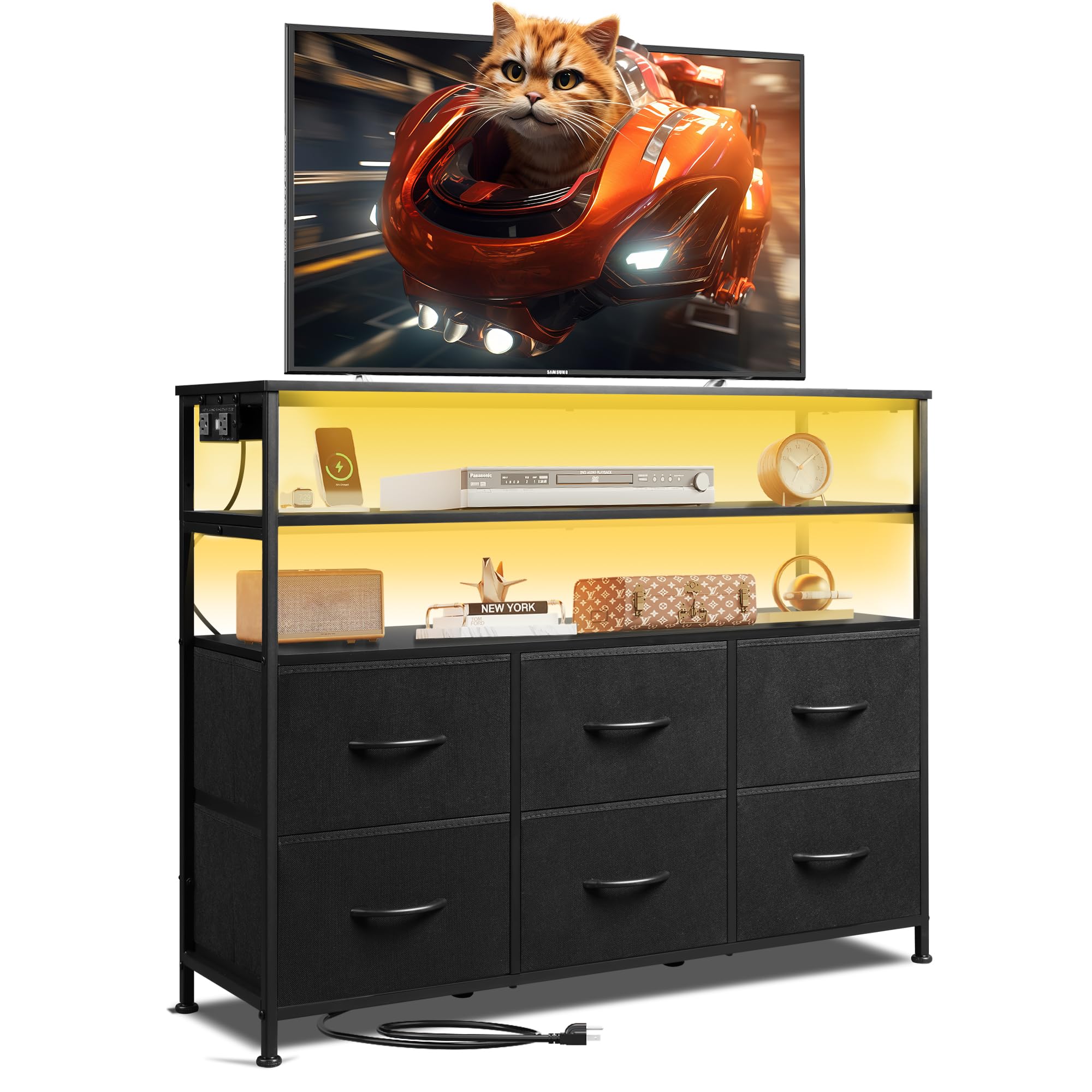 WLIVE Led Dresser for Bedroom, Black Dresser TV Stand for Bedroom with LED Lights and Power Outlet, Wide Chest of Drawers with Open Shelves for Entryway, 6 Fabric Drawers and Wood Top for Living Room