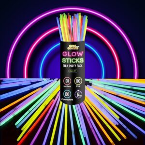 gemprime 100 pcs glow sticks bulk party pack – 8” glow in the dark party supplies & party favors pack for christmas, concerts & birthdays – 100 connectors for glow bracelets & glow necklaces