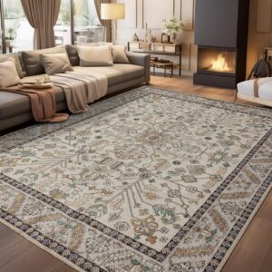 brevonox area rug for living room, machine washable rug for bedroom non-slip backing rugs indoor vintage rug dinning room floor carpet floral soft low-pile office rug (light beige, 8' × 10')