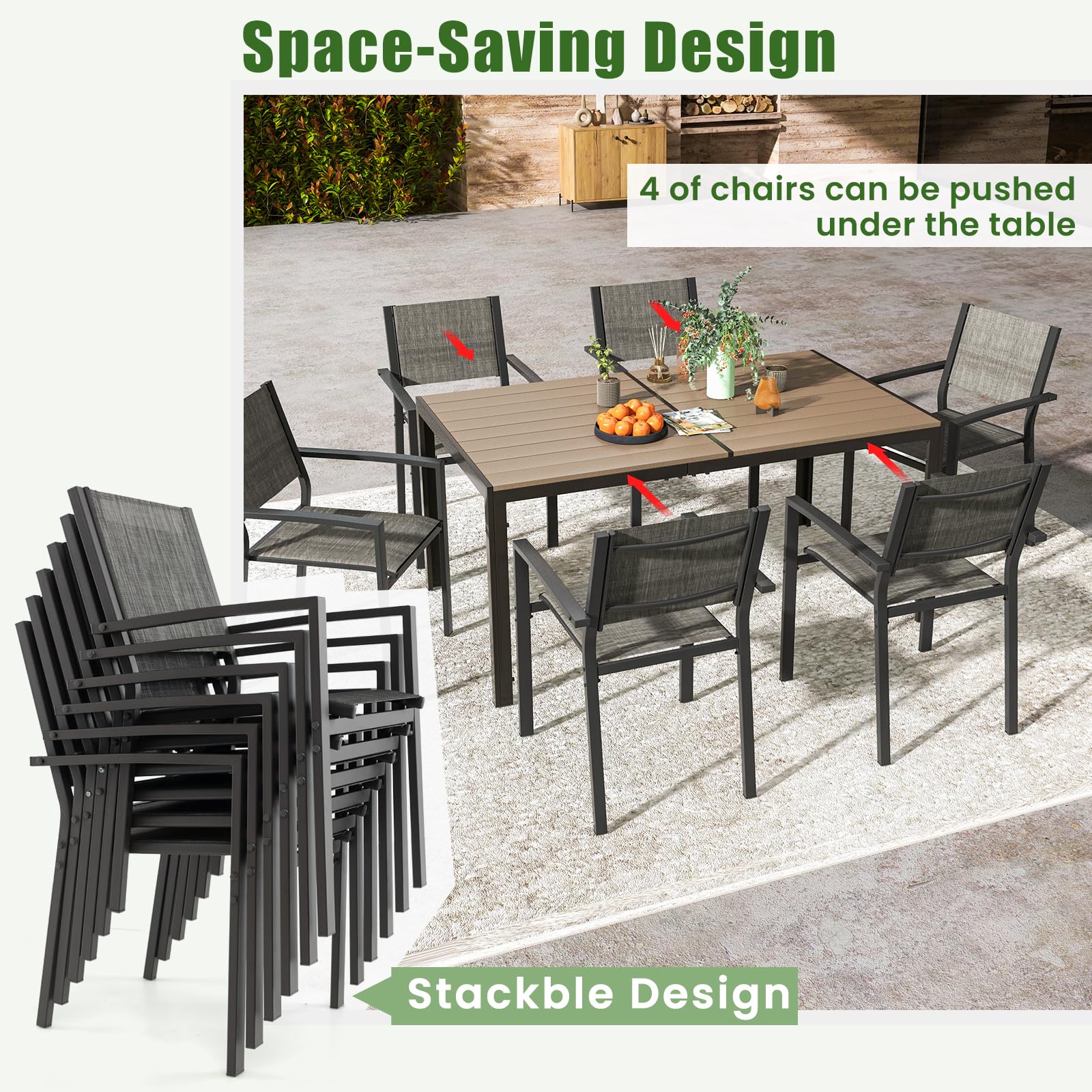 Tangkula 7 Piece Outdoor Dining Set, Patio Furniture Set w/ 6 Stackable Chairs & Large Rectangle Table, Dining Table Set for 6, Backyard, Porch, Garden, Poolside (Gray)