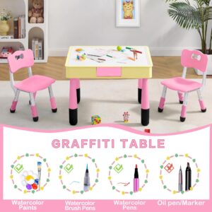 GITAWUSA 4 in 1 Kids Table and Chairs Set, Toddler Table and Chair Set for Kids Ages 3-10, 29.5" L x 23.6" W Activity Table w/Storage, Graffiti & Building Blocks Double-Sided Tabletop, Lovely Pink