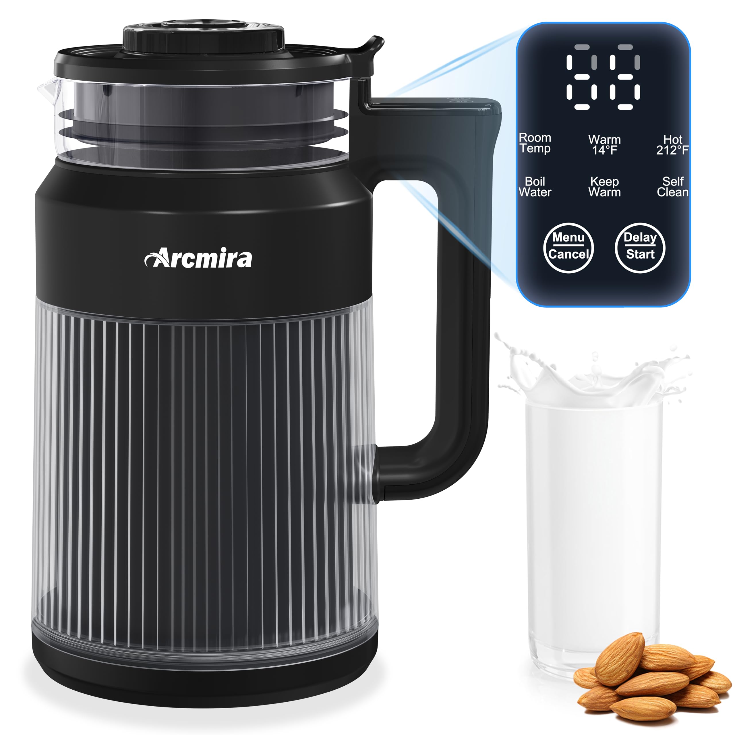 Arcmira Automatic Nut Milk Maker, 27oz(800ml) Homemade Almond, Oat, Coconut, Soy, Plant Based Milks and Non Dairy Beverages, Soy Milk Maker Machine with Delay Start/Keep Warm/Self-Cleaning/Boil Water