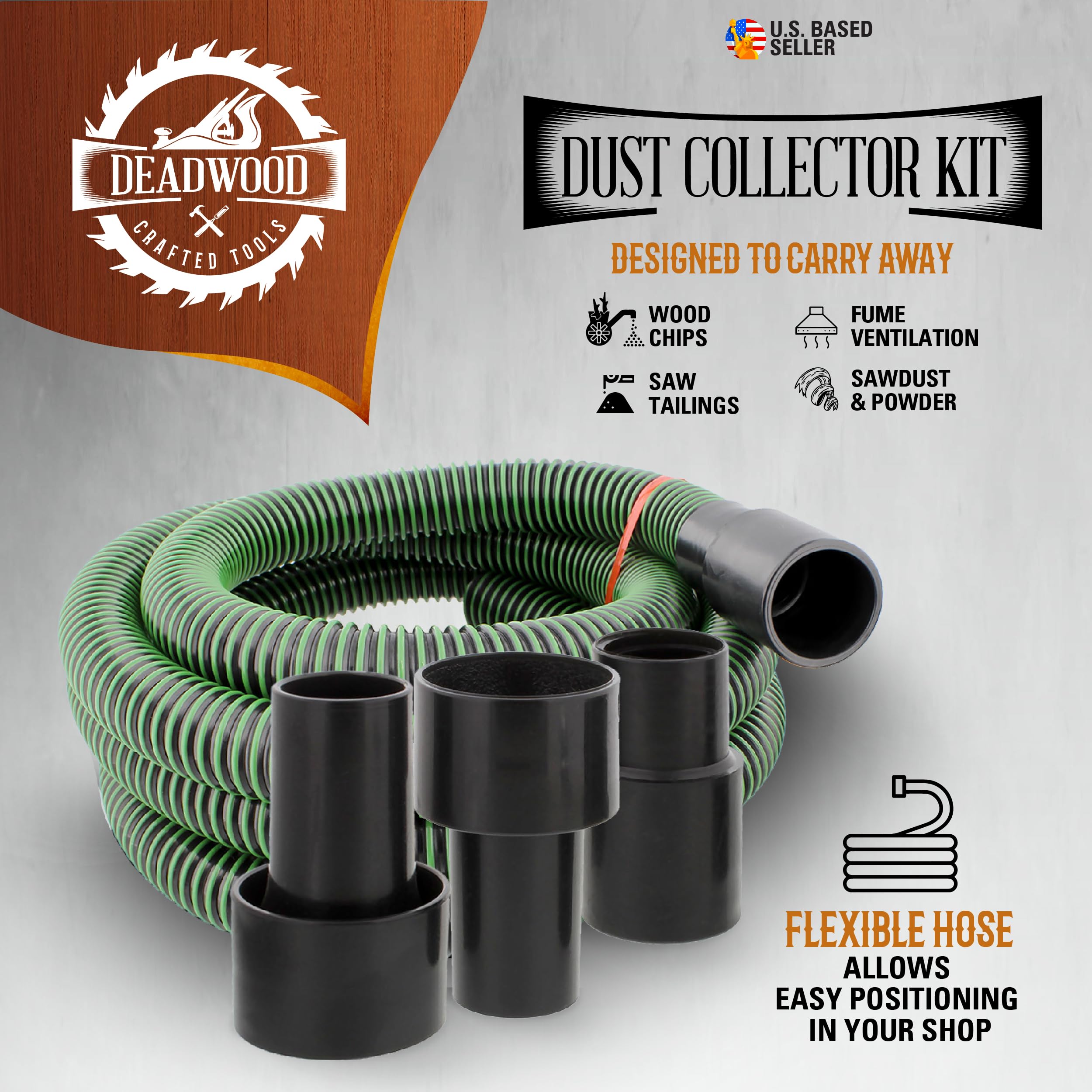 DCT Dust Collector Accessories Kit – 1.25in x 10ft Vacuum Hose, Dust Collection Fittings, and Vacuum Reducer