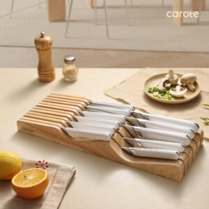 CAROTE 12PCS Knife Set, Stainless Steel Kitchen Knife Set with Drawer Store Kinife Organizer, Cutlery Knife Set with Block, Dishwasher Safe, White (Include Knives)