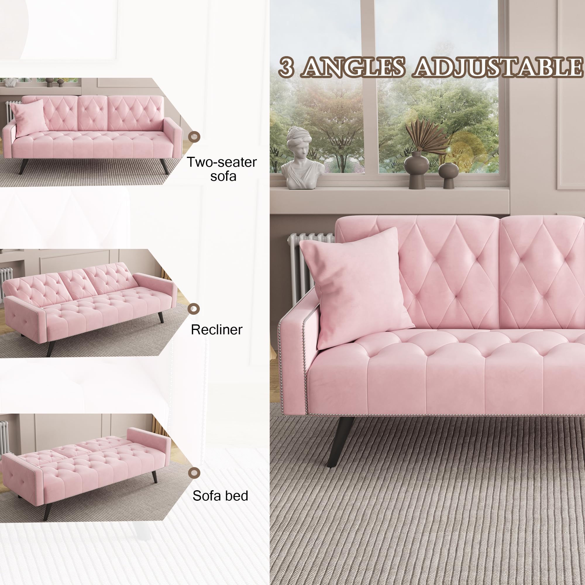 BKSFOAA Pink Futon Sofa Bed, Convertible Futon Sofa with Cup Holders and Nail Head Trim | Velvet Sofa for Small Spaces, Living Room, Dorm, Office