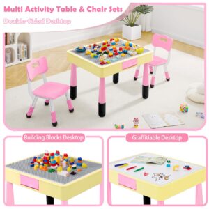 GITAWUSA 4 in 1 Kids Table and Chairs Set, Toddler Table and Chair Set for Kids Ages 3-10, 29.5" L x 23.6" W Activity Table w/Storage, Graffiti & Building Blocks Double-Sided Tabletop, Lovely Pink