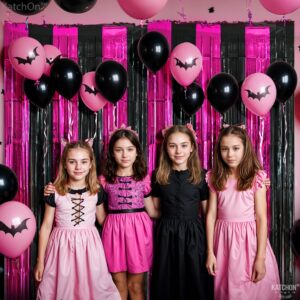 KatchOn, Pink and Black Foil Fringe Curtain - XtraLarge 3.2x6.5 Feet, Pack of 2 | Halloween Streamers, Pink Halloween Decorations | Halloween Backdrop Curtain, Pink and Black Birthday Decorations