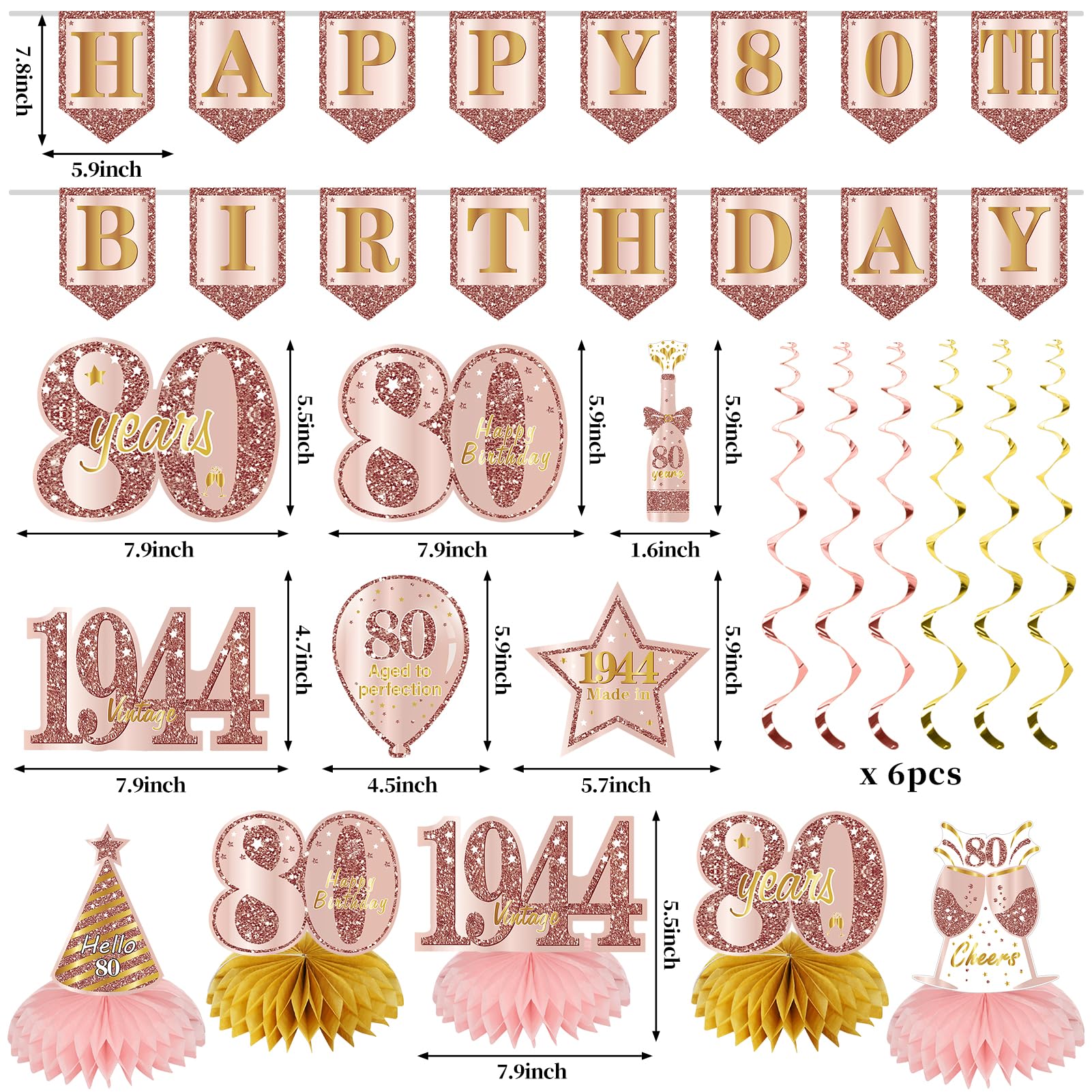 80th Birthday Decorations for Women - 21Pcs Back in 1944 80 Birthday Party Supplies, Rose Gold Happy 80th Birthday Banner Honeycomb Centerpiece Hanging Swirls for Eighty Birthday Table Decorations