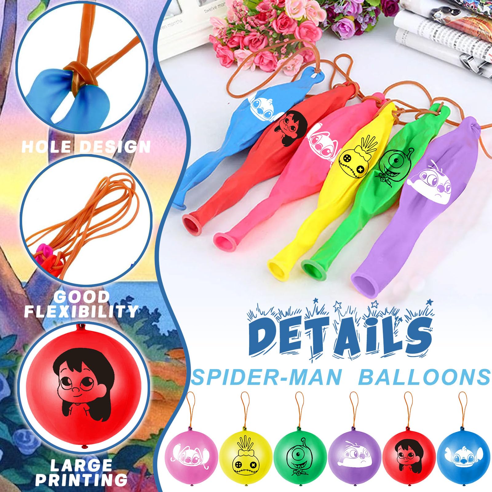 24 Pcs Punch Balloons Colorful Latex Punch Ball Party Favors Bounce Balloons with Rubber Band Handle for Birthday Party