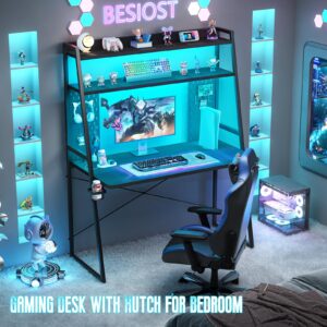 Besiost Small Gaming Desk with Hutch and LED Lights, Gaming Computer Desk with Power Outlets, Gamer Desk with Storage Shelves, PC Gaming Desk with Pegboards for Bedroom Small Spaces, Black, 43"