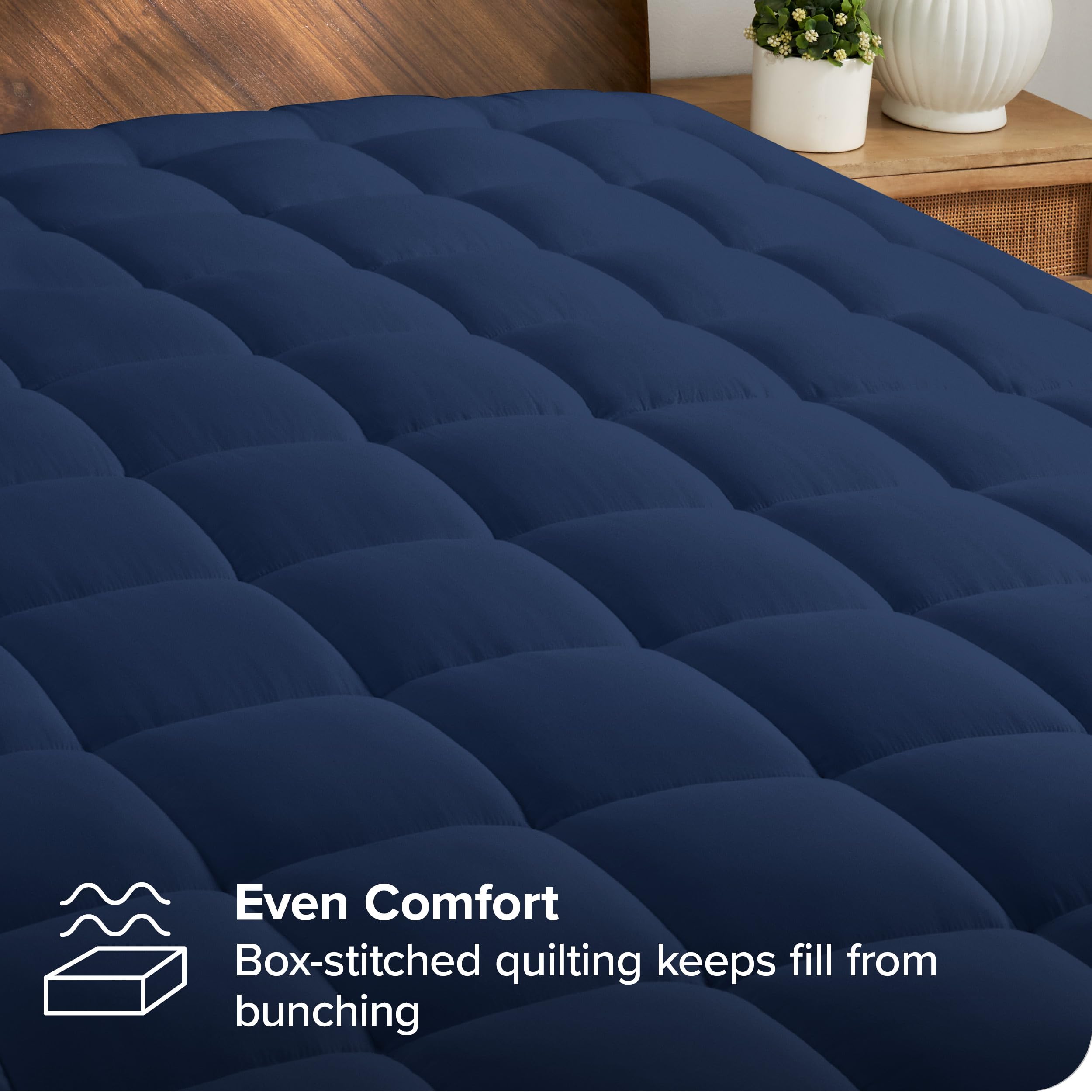 Bare Home Queen Mattress Topper Cotton Top - Fitted Mattress Cover - Cooling Breathable Air Flow - 8" to 21" Deep Pocket - Mattress Pad Protector - Soft Noiseless Mattress Pad (Queen, Dark Blue)