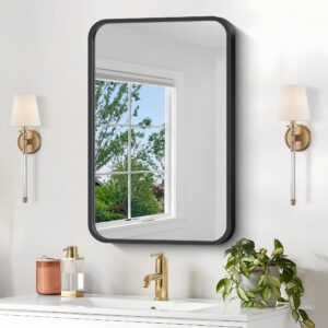 NIMURY Recessed Medicine Cabinet with Mirror, Metal Framed 16x24In Bathroom Mirror with Storage, Rounded Rectangle Vanity Mirror with Cabinet, Black Wall Cabinets for Bathroom Storage