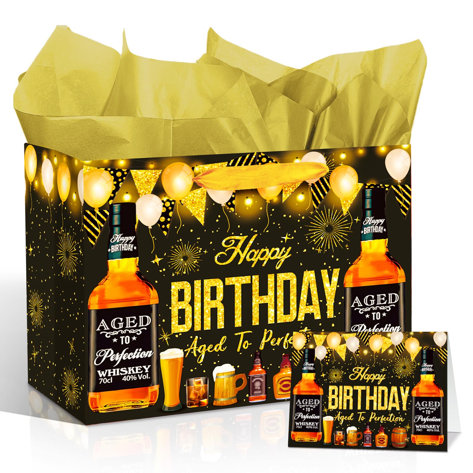 Whiskey Birthday Gift Bag for Men Whiskey Birthday Wrapping Paper Bag with Card Tissue Paper Whiskey Present Bag Beer Themed 30th 40th 50th 60th 70th 80th Birthday Gifts for Him Party Decorations