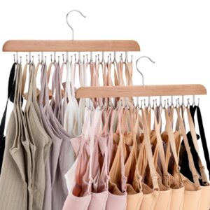 xcx tank top hanger with rotable metal hooks, wooden rotatable bra hanger, closet hanger organizer for bras, camisoles, bathing suits, belts, carves, ties (wood, 2 pack)