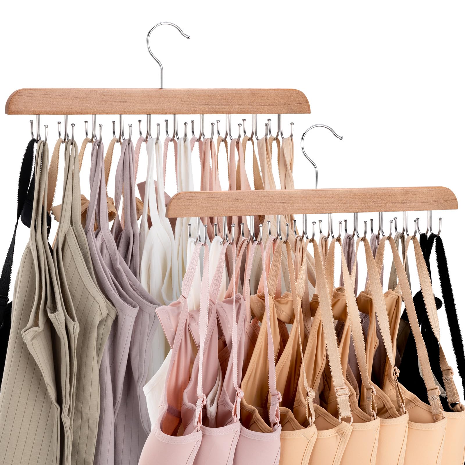 XCX Tank Top Hanger with Rotable Metal Hooks, Wooden Rotatable Bra Hanger, Closet Hanger Organizer for Bras, Camisoles, Bathing Suits, Belts, Carves, Ties (Wood, 2 Pack)