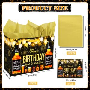 Whiskey Birthday Gift Bag for Men Whiskey Birthday Wrapping Paper Bag with Card Tissue Paper Whiskey Present Bag Beer Themed 30th 40th 50th 60th 70th 80th Birthday Gifts for Him Party Decorations