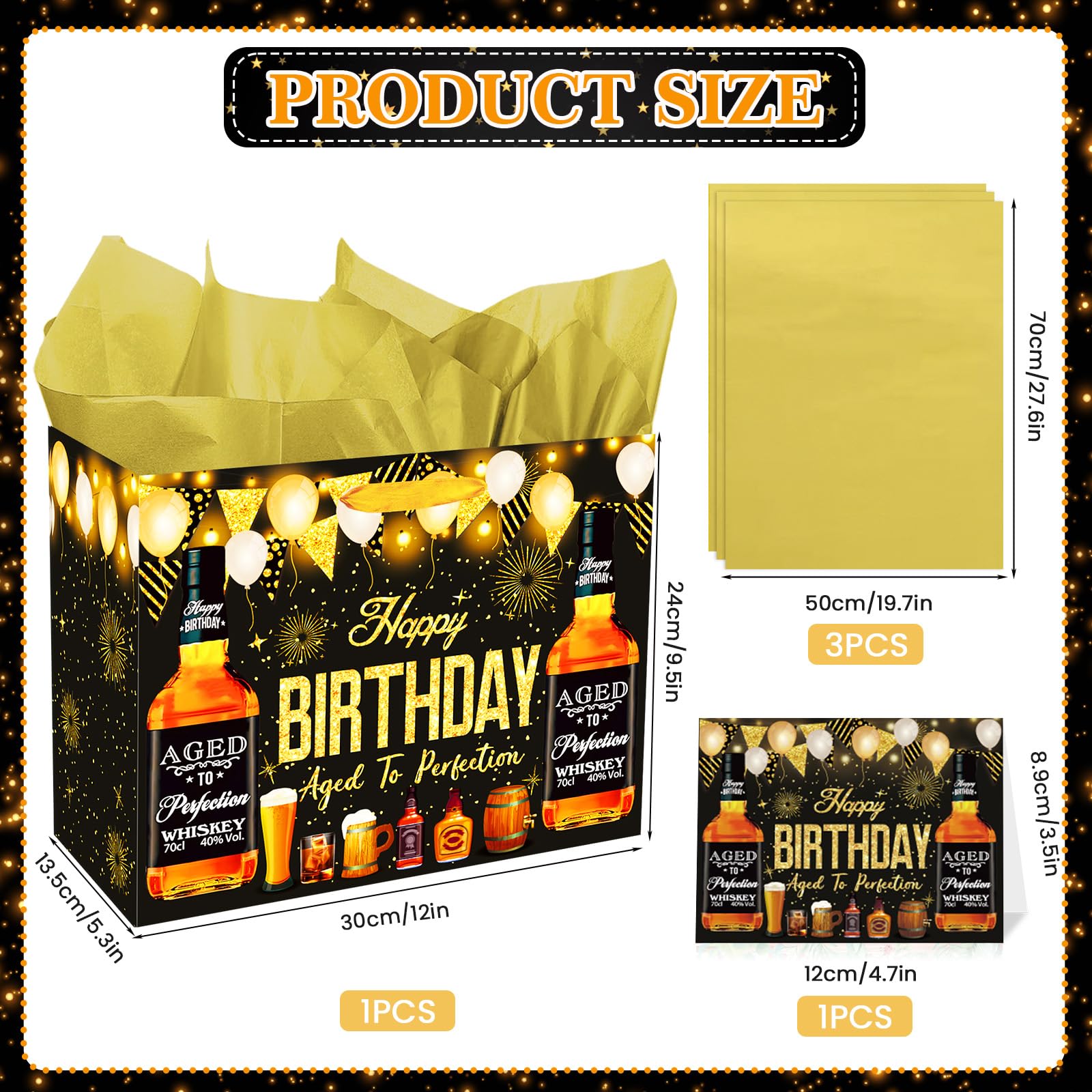 Whiskey Birthday Gift Bag for Men Whiskey Birthday Wrapping Paper Bag with Card Tissue Paper Whiskey Present Bag Beer Themed 30th 40th 50th 60th 70th 80th Birthday Gifts for Him Party Decorations