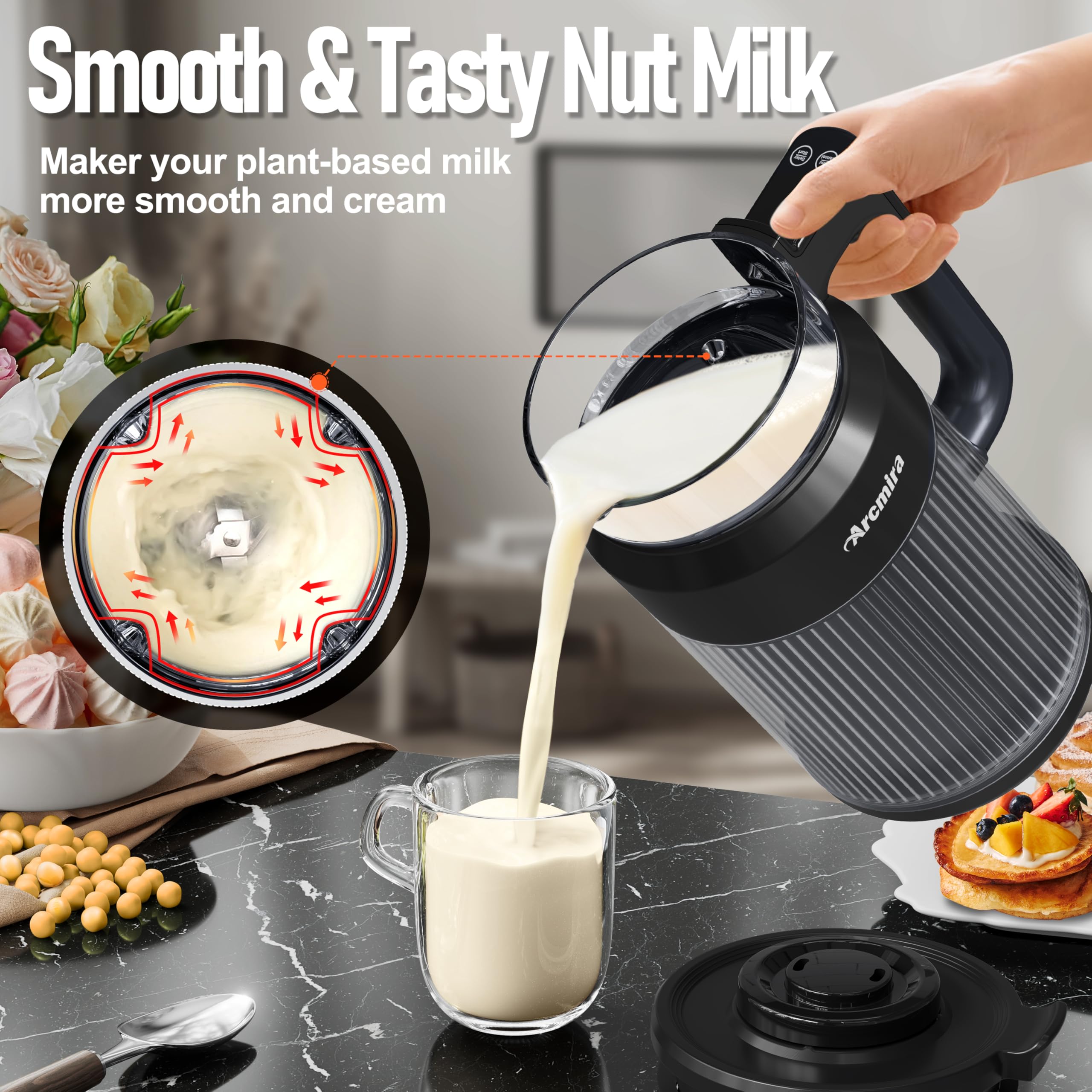 Arcmira Automatic Nut Milk Maker, 27oz(800ml) Homemade Almond, Oat, Coconut, Soy, Plant Based Milks and Non Dairy Beverages, Soy Milk Maker Machine with Delay Start/Keep Warm/Self-Cleaning/Boil Water