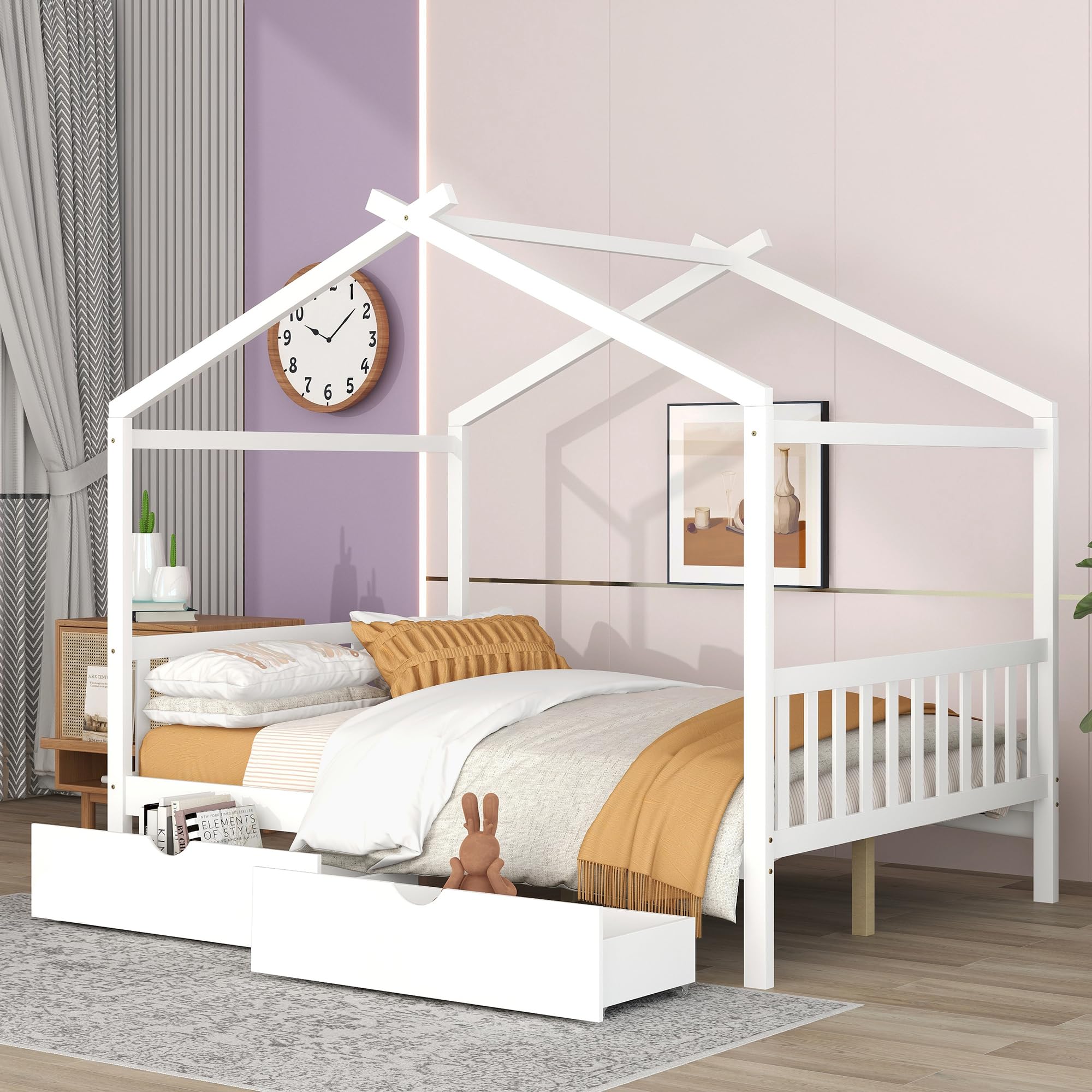 Full Size Bed Frame with Headboard and Footboard, Low House Bed/Full Bed Frame with Storage Drawer, Wood Bed Frame for Kids, Girls, Boys (White Drawer, Full)