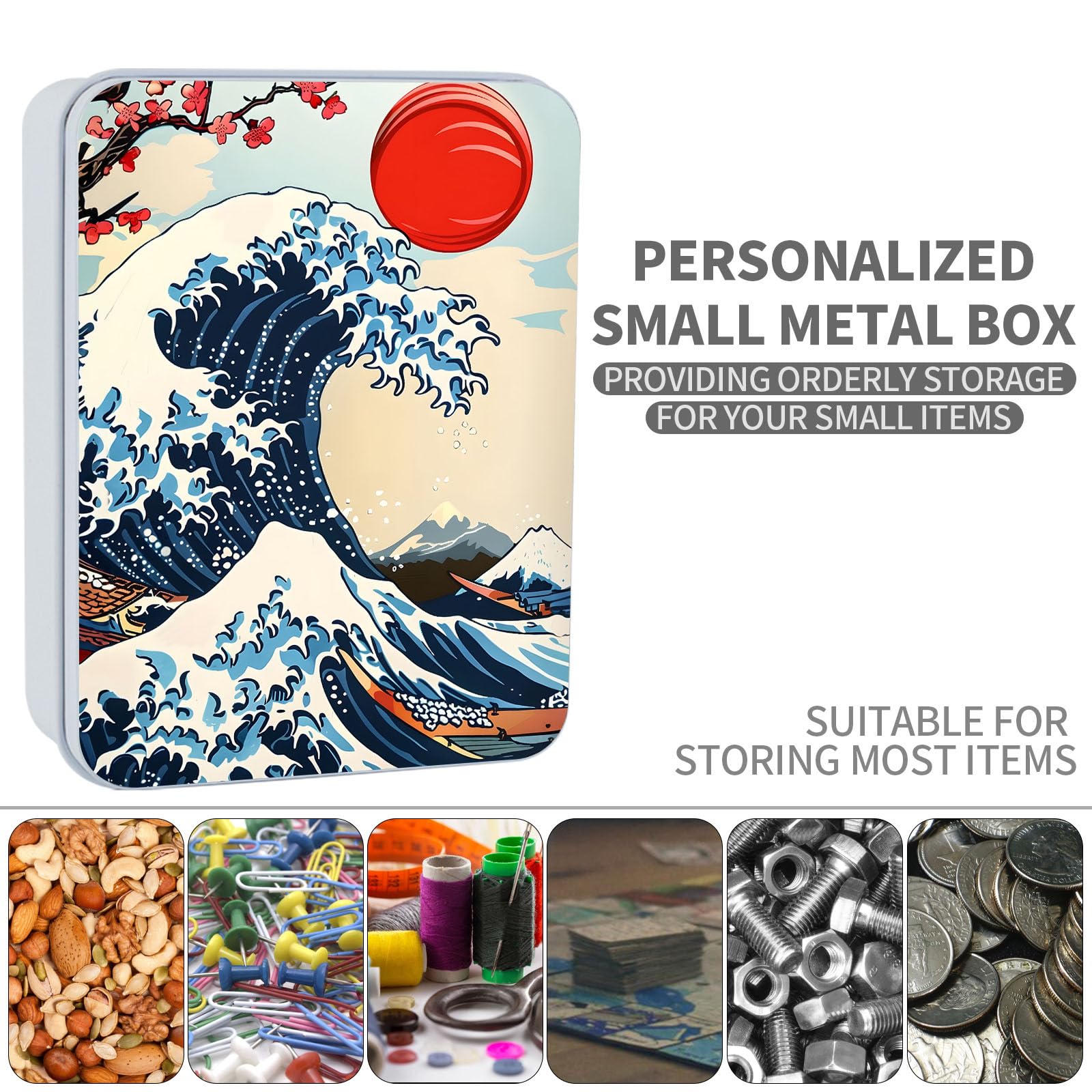 ETLKJVBL Metal Tin Box Sturdy Metal Storage Box with Lid, Large Container Holder for TCG Cards,Car Keys,Cookies,Tin Containers for Gift,5.0x3.7x1.6 Inch,Exquisite Pattern Design(Waves Sun)